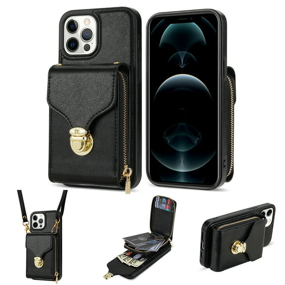 iPhone 13 Pro Max Luxury Leather Case with Card Holder for Women Phone Case Wallet with Strap Credit Card Slots Crossbody Strap with Kickstand Zipper Shockproof Case For iPhone 13 Pro Max,Black