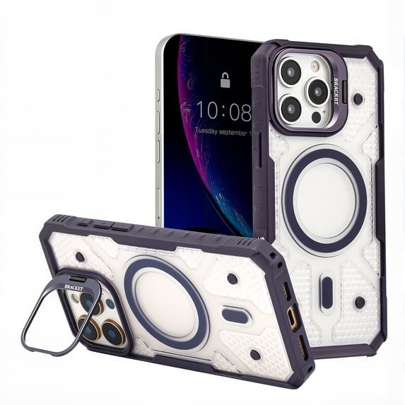 for iPhone 13 Pro Max Magnetic Case, with Built-in Lens Stand, Military-Grade Drop Protection, Transparent Shockproof Slim Case Compatible with Mag-Safe for iPhone 13 Pro Max Women Girls, Darkpurple