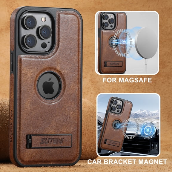 for iPhone 13 Pro Max Magnetic Case, Compatible with MagSafe, Built-in Kickstand, Support Car Mount, Slim Premium PU Leather Retro Wireless Charging Phone Case for iPhone 13 Pro Max, Brown