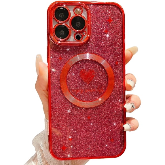 iPhone 13 Pro Max Magnetic Case, Compatible with MagSafe, Luxury Plating Cute Love Heart Bling Star Phone Case for Women Girls, Soft TPU Full Camera Shockproof Protective Clear Case (Red)