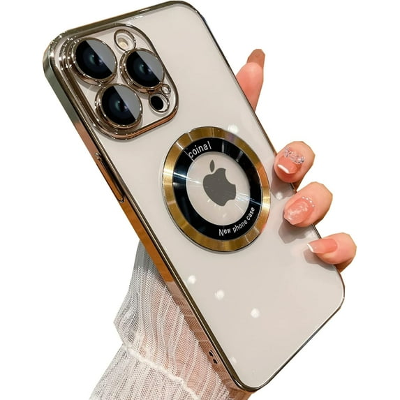 for iPhone 13 Pro Max Magnetic Case, Compatible with Magsafe,Glass Lens Camera Protector,Logo View Luxury Hard Phone Cases for iPhone 13 Pro Max for Women Men Transparent Cover (Gold)