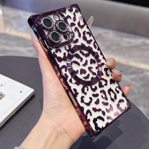 for iPhone 13 Pro Max Magnetic Case, Luxury Leopard Print Pattern Plating Phone Case with Glitter Bling Lens Circle, Support Wireless Charging, Clear Shockproof Back Cover for Women Girls, Darkpurple