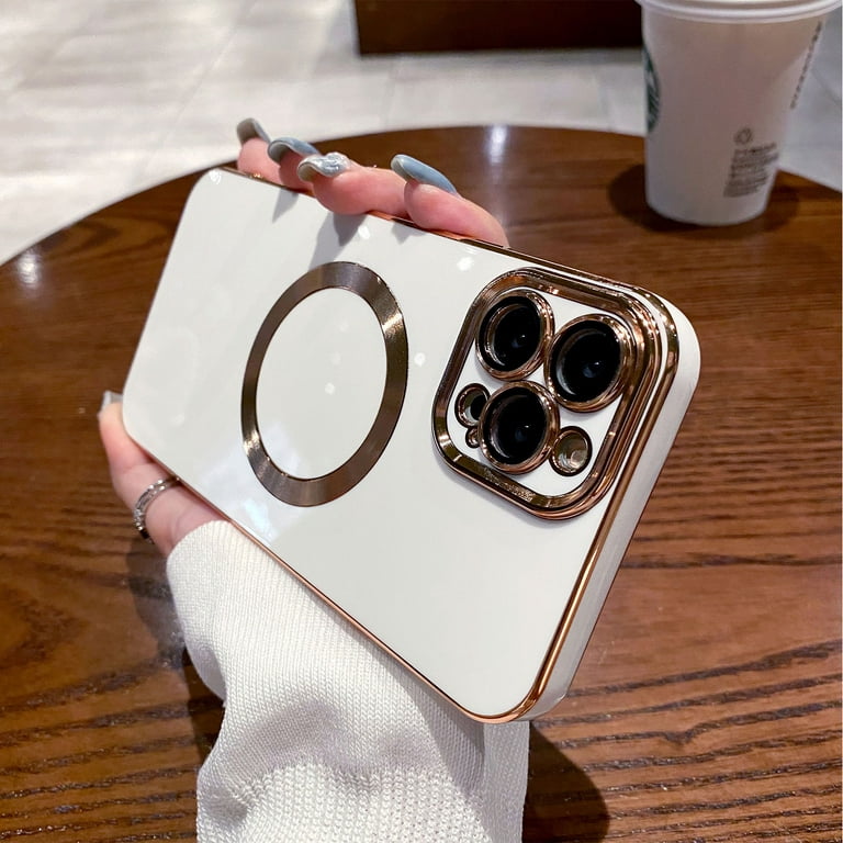 for iPhone 13 Pro Max Magnetic Case MagSafe Support, iPhone 13 Pro Max Case  Built-in Camera Protector Plating Gold Soft Silicone TPU Slim Case for iPhone  13 Pro Max 6.7 inch,White 