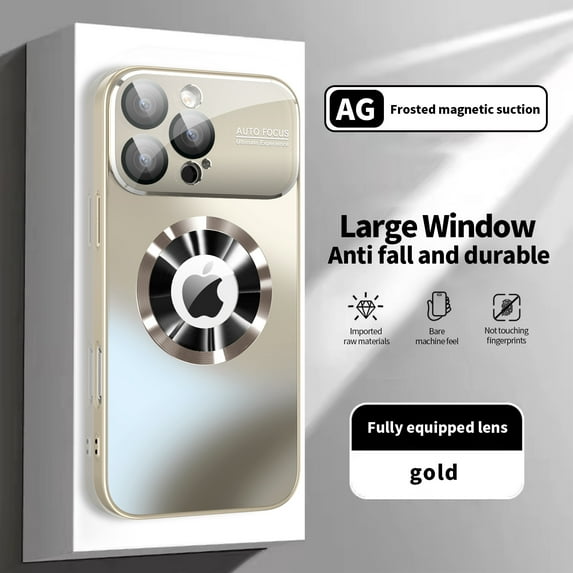 For iPhone 13 Pro Max Magnetic Phone Case,Compatible With MagSafe,Logo View Design,With Camera Lens Film ,Anti-fall Shockproof Rugged Anti-Scratch Ultra Slim Phone Case Cover,Gold