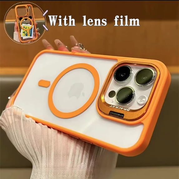 for iPhone 13 Pro Max Magnetic Phone Case, Compatible with MagSafe, Military-Grade Protective Case, With Lens Flim, Built-in Stash Camera Stand Phone Case, Scratch-Resistant Back Cover,Orange