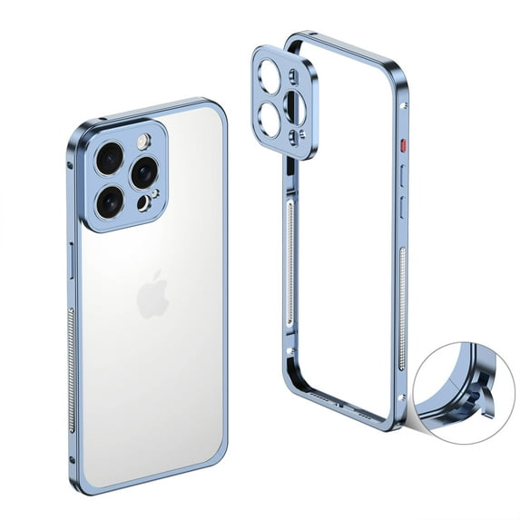 For iPhone 13 Pro Max Metal Bumper Phone Case,With Lens Protector,Slim Fit No Back No Frame Backless Metal Bumper 4 Corners Shockproof Rugged Heat Dissipation Frame Phone Case,Blue
