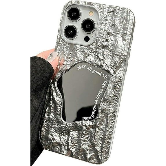 iPhone 13 Pro Max Mirror Case. Bling Glitter Silver Cute Tin Foil 3D Rock Texture Makeup Mirror Women Girls Shockproof Soft Case Cover for iPhone 13 Pro Max