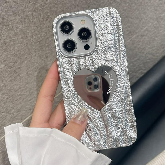 for iPhone 13 Pro Max Mirror Case Luxury Bling Glitter Silver, Cute Tin Foil & Rock Texture 3D Love Heart Shape Makeup Mirror for Women Girls Soft Shockproof Protective Case Cover for 13 ProMax