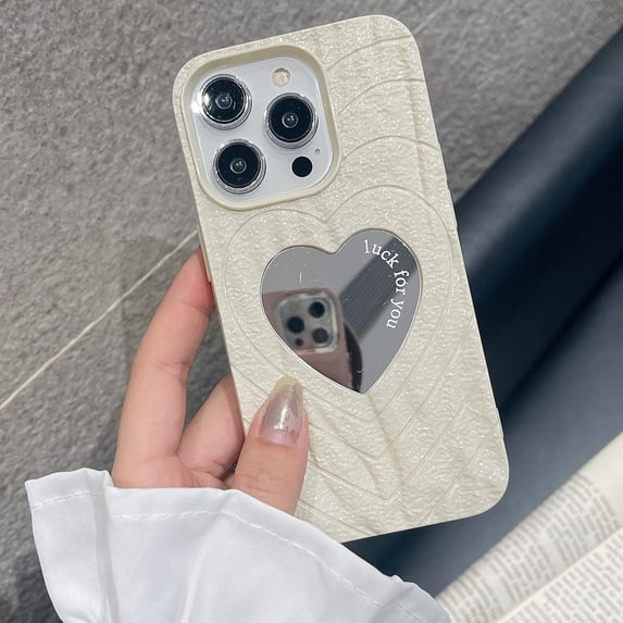 for iPhone 13 Pro Max Mirror Case Luxury Bling Glitter White, Cute Tin Foil & Rock Texture 3D Love Heart Shape Makeup Mirror for Women Girls Soft Shockproof Protective Case Cover for 13 ProMax