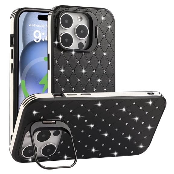 for iPhone 13 Pro Max PC Back Case, Luxury Glitter Diamond Ultra Slim Drop Protective Shockproof Camera Cover Bracket Lightweight Anti-Scratch Phone Case Cover for iPhone 13 Pro Max, Black