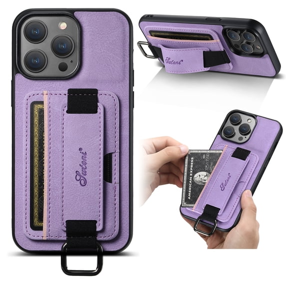 for iPhone 13 Pro Max PU Leather Card Slots Back Case, Classic Wristband Kickstand Finger Ring Shockproof Protective TPU Frame Phone Case for iPhone 13 Pro Max Women Men Boys Girls, Purple