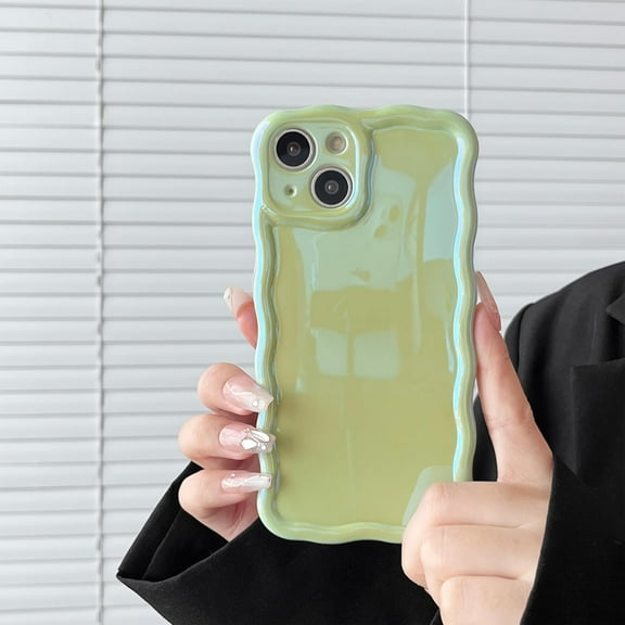 for iPhone 13 Pro Max Phone Case,Cute Laser Colorful Retro Exquisite Curly Wave Wavy Edge Case,Aesthetic Soft TPU Protective Case for iPhone 13 Pro Max 6.7 Inch,Bright Green