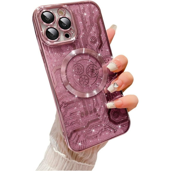 for iPhone 13 Pro Max Phone Case Glitter, Compatible with Magsafe Magnetic Cases, Transparent Luxurly Plated Sparkly Design, Soft Shockproof Camera Lens Protective Back Cover, Pink