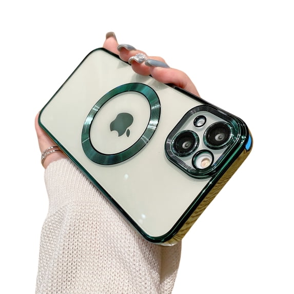 for iPhone 13 Pro Max Phone Case Magnetic Clear Cover for Women Men,Slim Plating Bumper TPU Soft Protective Transparent Back for iPhone 13 Pro Max Compatible with MagSafe Phone Case,Deep Green