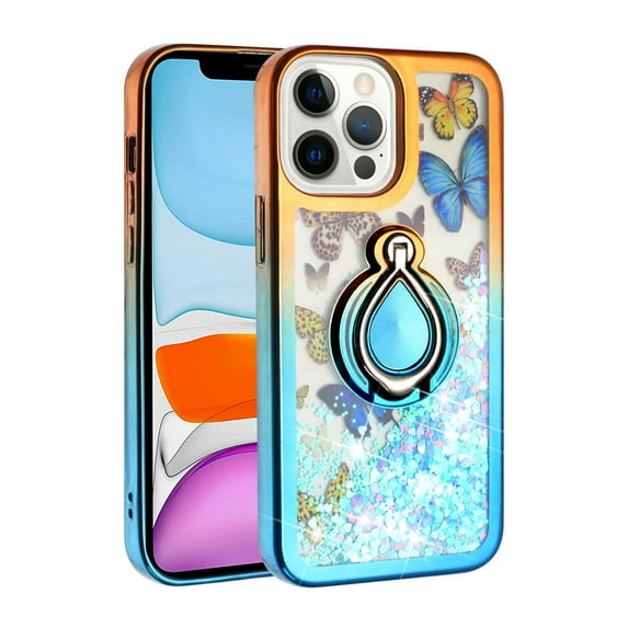iPhone 13 Pro Max Phone Case, Slim Protective Ring Kickstand Glitter Dual Colors Multi-Function for iPhone 13 Pro Max Phone Case Orange/Blue