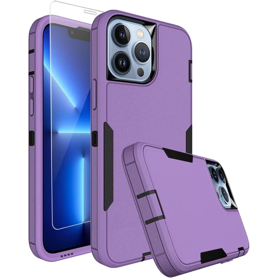 for iPhone 13 Pro Max Phone Case, with Tempered Glass Screen Protector, Dust-Proof Port Cover, Full Body Non-Slip Rubber Covered, Wear-Resistant & Drop-Proof, Black/Purple