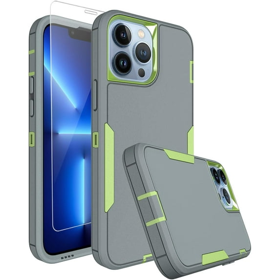 for iPhone 13 Pro Max Phone Case, with Tempered Glass Screen Protector, Dust-Proof Port Cover, Full Body Non-Slip Rubber Covered, Wear-Resistant & Drop-Proof, Green/Grey
