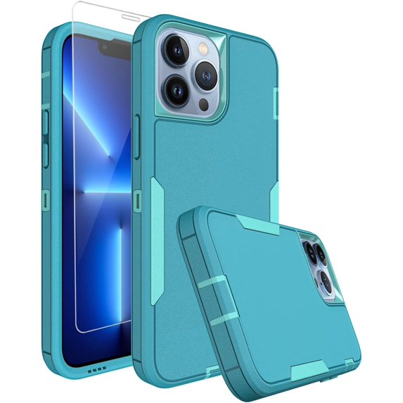 for iPhone 13 Pro Max Phone Case, with Tempered Glass Screen Protector, Dust-Proof Port Cover, Full Body Non-Slip Rubber Covered, Wear-Resistant & Drop-Proof, Mint/Teal