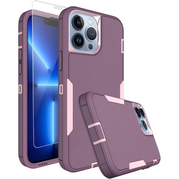 for iPhone 13 Pro Max Phone Case, with Tempered Glass Screen Protector, Dust-Proof Port Cover, Full Body Non-Slip Rubber Covered, Wear-Resistant & Drop-Proof, Pink/Purple