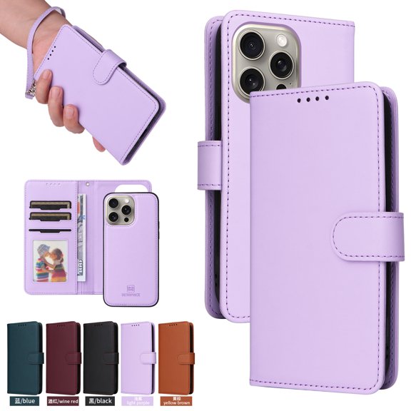 for iPhone 13 Pro Max Phone Case Wallet & Cash Slot,Flip Kickstand Cover [2 in 1 Detachable Credit Card Holders] Premium PU Leather Purse Wrist Strap Case for iPhone 13 Pro Max,Purple