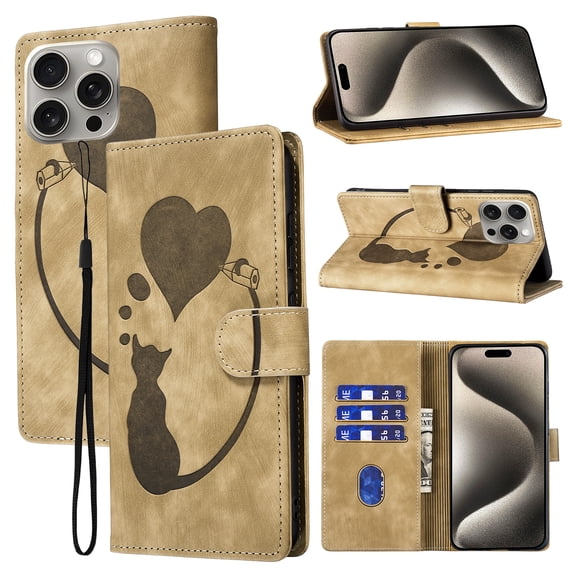 for iPhone 13 Pro Max Phone Case Wallet Flip Cases,Cute Cat & Heart Patterned,Retro PU Leather Kickstand,Card Holder,Wrist Strap,Magnetic Closure,Shockproof Cover For iPhone 13 Pro Max, Beige