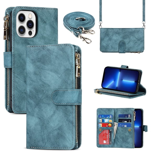 iPhone 13 Pro Max Phone Case Wallet for Women Men with Card Holder, iPhone 13 Pro Max Crossbody Case with Strap Shoulder Lanyard, Zipper Pocket PU Leather Cases,6.7 Inch Blue