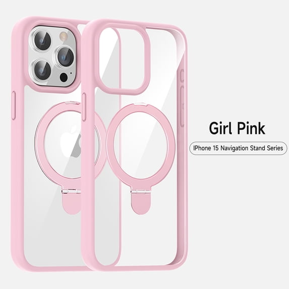 For iPhone 13 Pro Max Phone Case Wireless Charging Four Corner Shockproof Hard PC Back Case Clear No-Yellowing Kickstand Ring Holder, Soft TPU Plain Phone Case for iPhone 13 Pro Max, Pink
