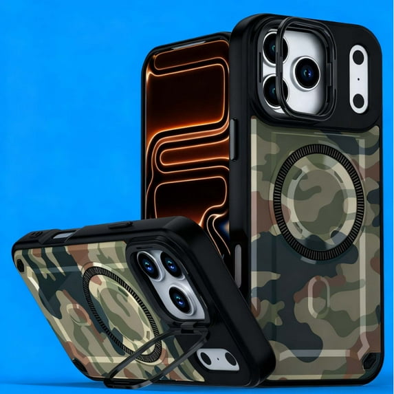 For iPhone 13 Pro Max Phone Case,With Contractile Lens Ring Kickstand,Compatible with Mag-Safe,Heavy Duty Shockproof Anti-fall Drop Protection,Camouflage Pattern Back,Durable Phone Case,G