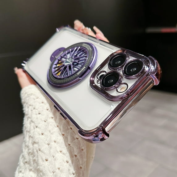 for iPhone 13 Pro Max Plating Case with Rotating Gyroscope Magnetic Ring Stand Full Camera Lens Protection Compatible with MagSafe Clear Back Phone Cover for iPhone 13 Pro Max, Darkpurple