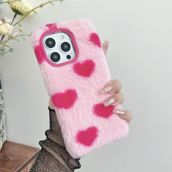 for iPhone 13 Pro Max Plush Furry Heart Print Case, Luxury Fluffy Furry Plush Soft Flexible Silicone TPU Anti-Drop Shockproof Protective Phone Case for Girls Women Winter Warm, Pink