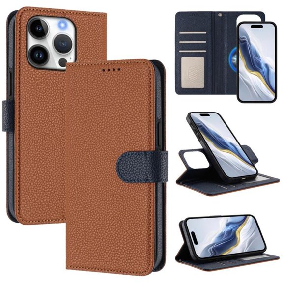 For iPhone 13 Pro Max RFID Blocking Protective Purse 2-in-1 Detachable Bicolor Wallet Case Magnetic Flip Cover Multi-Card Slots Pocket With Wrist Strap Phone Case,Brown,For iPhone 13 Pro Max