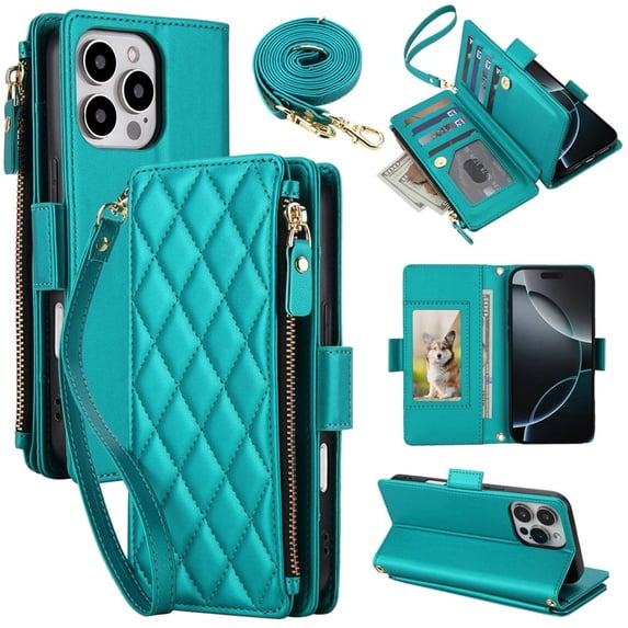 For iPhone 13 Pro Max RFID Blocking Wallet Case, Crossbody Purse Phone Case with 9 Card Slots, Zipper Pocket & Detachable Strap,Green,For iPhone 13 Pro Max