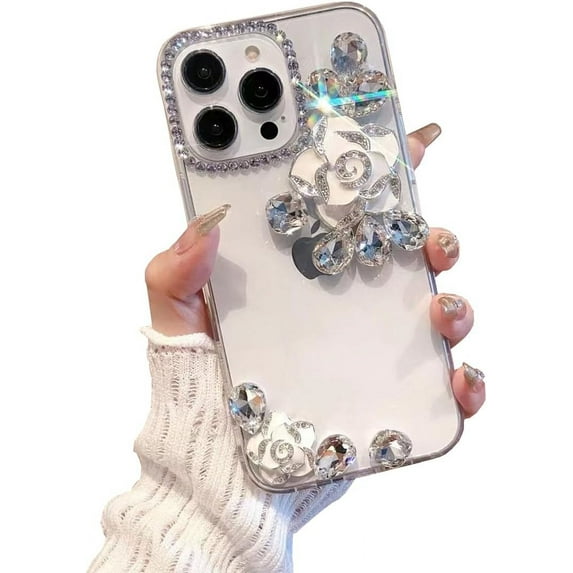 iPhone 13 Pro Max Rhinestone Case, Cute 3D Glitter Sparkle Bling Luxury Shiny Crystal Diamond Camellia Protective Case Cover for Girls Women for iPhone 13 Pro Max 6.7'' 2021