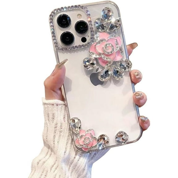 iPhone 13 Pro Max Rhinestone Case, Cute 3D Glitter Sparkle Bling Luxury Shiny Crystal Diamond Camellia Protective Case Cover for Girls Women for iPhone 13 Pro Max 6.7'' 2021