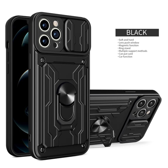 for iPhone 13 Pro Max with Slide Camera Cover, Detachable Card Slot Holder Ring Kickstand, Support Magnet Car Mount, Heavy Duty Military Grade Protection Cover for iPhone 13 Pro Max, Black