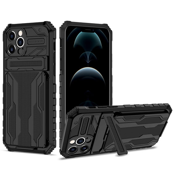 for iPhone 13 Pro Max Sliding Card Slot Back Case with Hidden Kickstand, Hybrid TPU + PC Fall Prevention Shock Absorption Anti-drop Protective Phone Case Cover for iPhone 13 Pro Max, Black