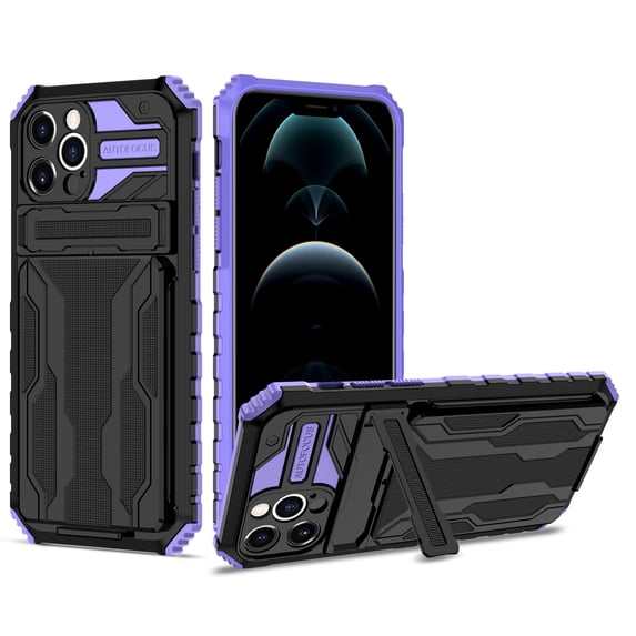for iPhone 13 Pro Max Sliding Card Slot Back Case with Hidden Kickstand, Hybrid TPU + PC Fall Prevention Shock Absorption Anti-drop Protective Phone Case Cover for iPhone 13 Pro Max, Purple