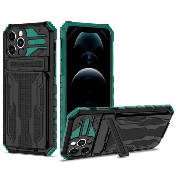 for iPhone 13 Pro Max Sliding Card Slot Back Case with Hidden Kickstand, Hybrid TPU + PC Fall Prevention Shock Absorption Anti-drop Protective Phone Case Cover for iPhone 13 Pro Max, Darkgreen