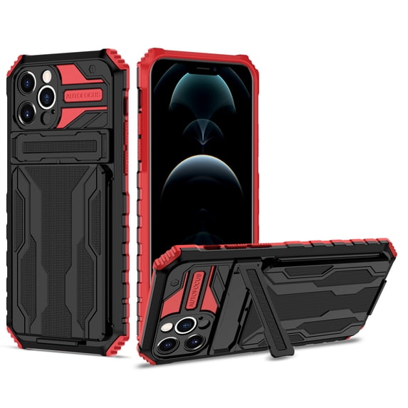for iPhone 13 Pro Max Sliding Card Slot Back Case with Hidden Kickstand, Hybrid TPU + PC Fall Prevention Shock Absorption Anti-drop Protective Phone Case Cover for iPhone 13 Pro Max, Red
