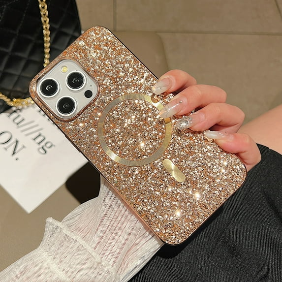 for iPhone 13 Pro Max Sparkly Glitter Back Case, Stylish Plating TPU Frame Ultra Slim Anti-Scratch Magsafe for Girls Women Drop Protective Phone Case Cover for iPhone 13 Pro Max, Rosegold