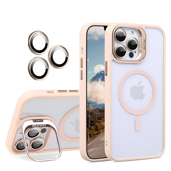 for iPhone 13 Pro Max Transparent Case with Camera Lens Protector, Compatible with MagSafe, Built-in Camera Stash Stand, Magnetic Hard Back Soft Edge Anti-Fingerprint Flexible Cover, Pink