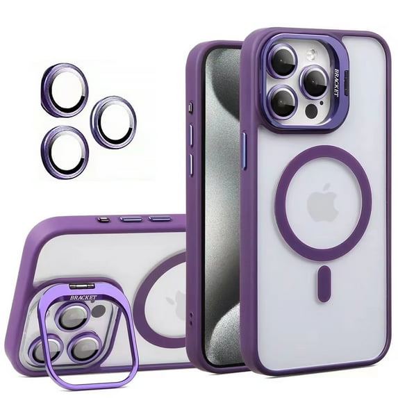 for iPhone 13 Pro Max Transparent Case with Camera Lens Protector, Compatible with MagSafe, Built-in Camera Stash Stand, Magnetic Hard Back Soft Edge Anti-Fingerprint Flexible Cover, Darkpurple