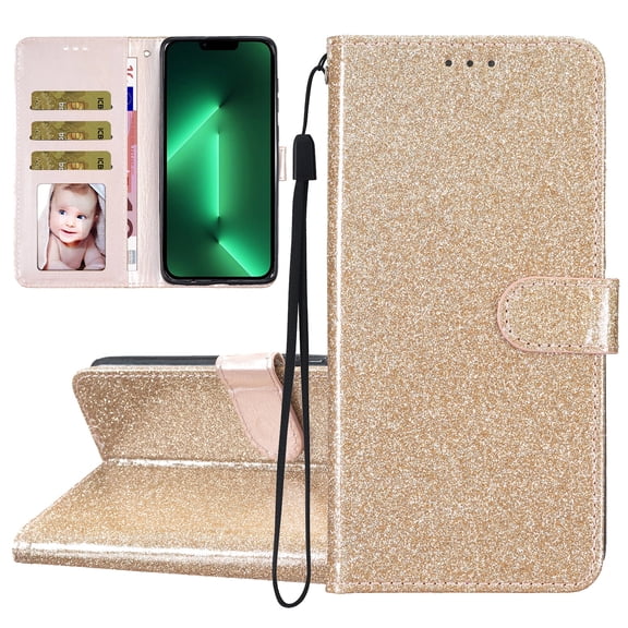 For iPhone 13 Pro Max Wallet Case Bling Shiny Premium PU Leather with RFID Blocking Card Slots Holder Magnetic Flip Kickstand Shockproof Wrist Strap Cover For iPhone 13 Pro Max, Gold