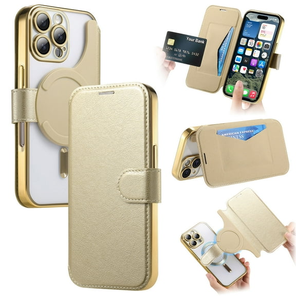 for iPhone 13 Pro Max Wallet Case with Camera Lens Protector Film, Clear Magnetic Phone Cover Compatible with Mag-Safe Charging, RFID Blocking PU Leather Case with Card Holder Flip Kickstand, Gold