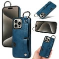 thumbnail image 1 of for iPhone 13 Pro Max Wallet Case with Card Holder, Hand Wrist Strap Loop Holder Kickstand, Finger Grip Ring PU Leather Double Buttons Shockproof Soft TPU Cover for iPhone 13 Pro Max, Blue, 1 of 10