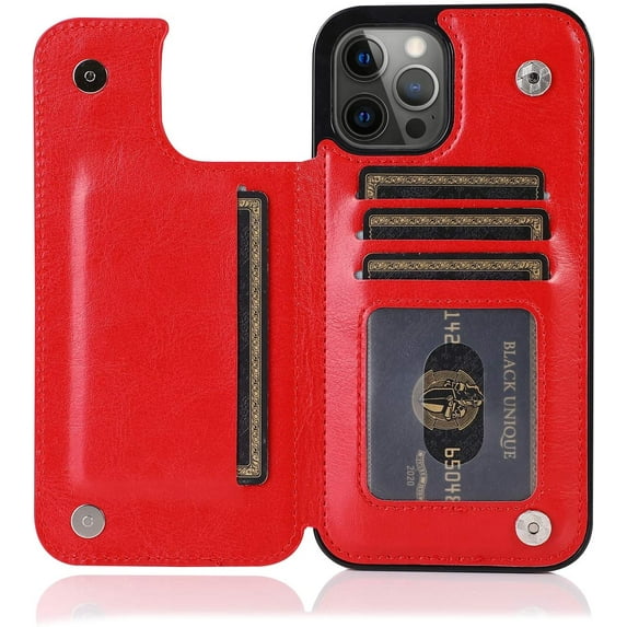 for iPhone 13 Pro Max Wallet Case with Card Holder,PU Leather Kickstand Card Slots Case Double Magnetic Clasp Durable Shockproof Phone Cover for iPhone 13 Pro Max Gules-SK