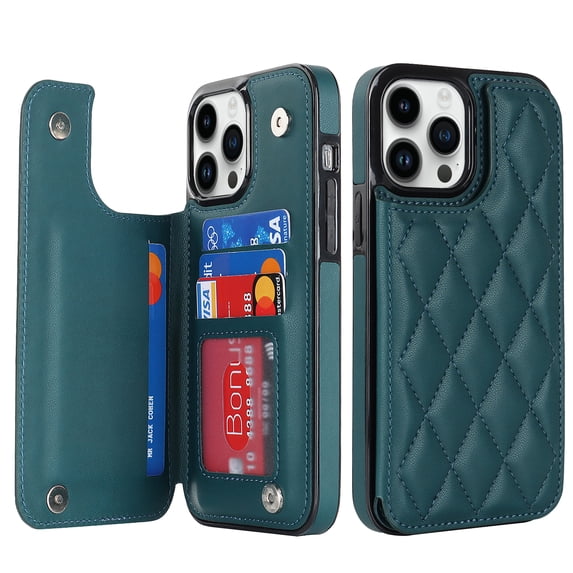 for iPhone 13 Pro Max Wallet Case with Card Holder RFID Blocking, Kickstand Card Slots Case, Dimaond Patterned Elegent PU Leather,Double Back Flip Magnetic Clasp and Durable Shockproof Cover,Darkgreen