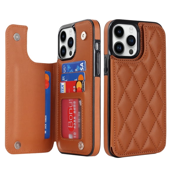for iPhone 13 Pro Max Wallet Case with Card Holder RFID Blocking, Kickstand Card Slots Case, Dimaond Patterned Elegent PU Leather,Double Back Flip Magnetic Clasp and Durable Shockproof Cover,Brown