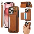 thumbnail image 1 of for iPhone 13 Pro Max Wallet Case with Card Slots, Hand Wrist Strap Rotate Ring Design, Finger Grip Ring PU Leather Magnetic Button Shockproof Purse Phone Cover for iPhone 13 Pro Max, Brown, 1 of 7