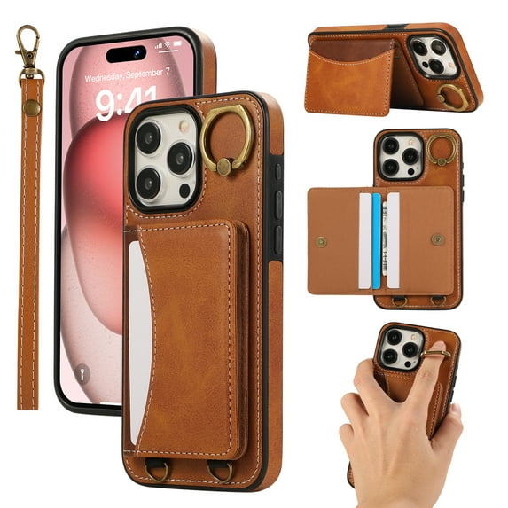 for iPhone 13 Pro Max Wallet Case with Card Slots, Hand Wrist Strap Rotate Ring Design, Finger Grip Ring PU Leather Magnetic Button Shockproof Purse Phone Cover for iPhone 13 Pro Max, Brown